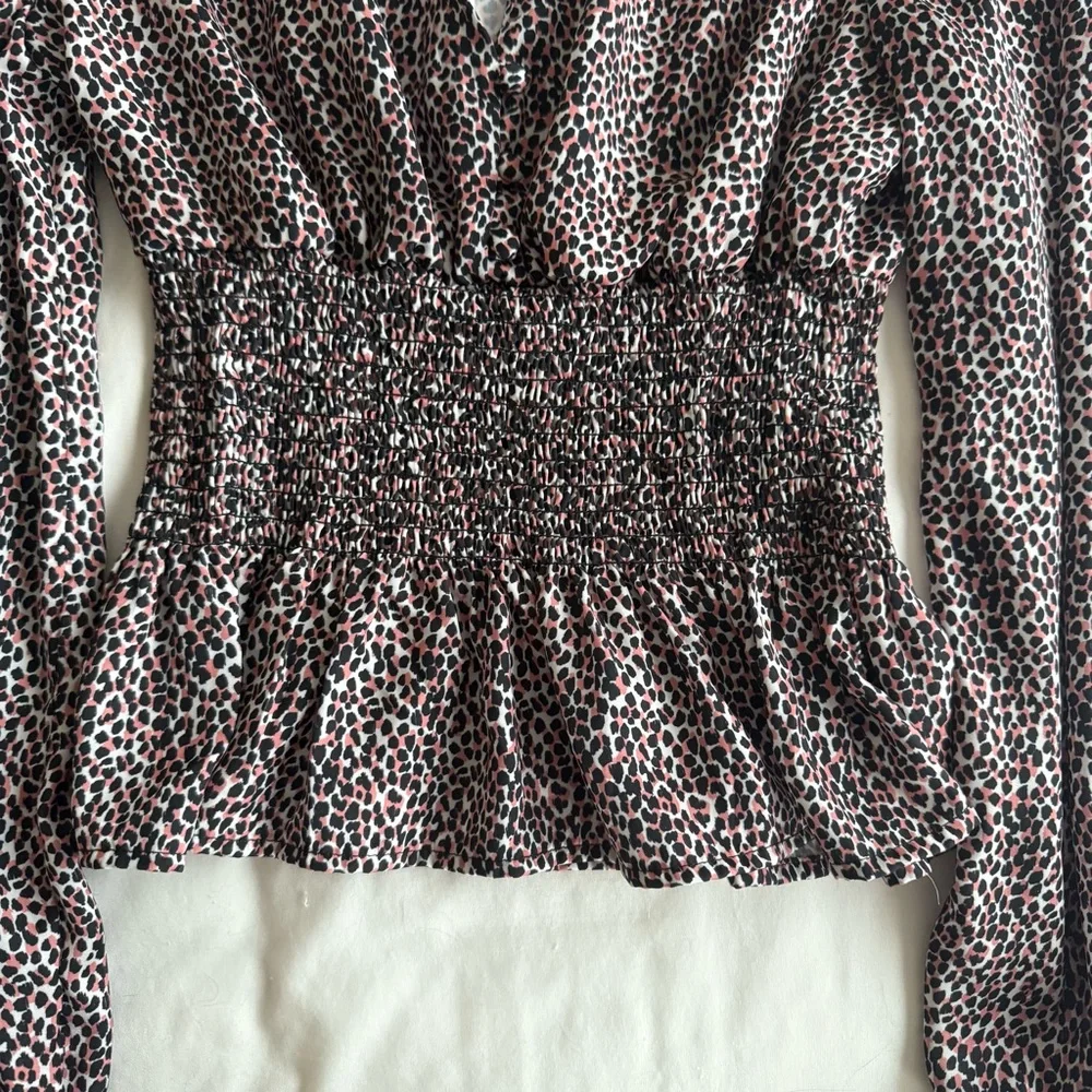Cheetah Print Peplum Long Sleeve Blouse - Picture 4 of 10